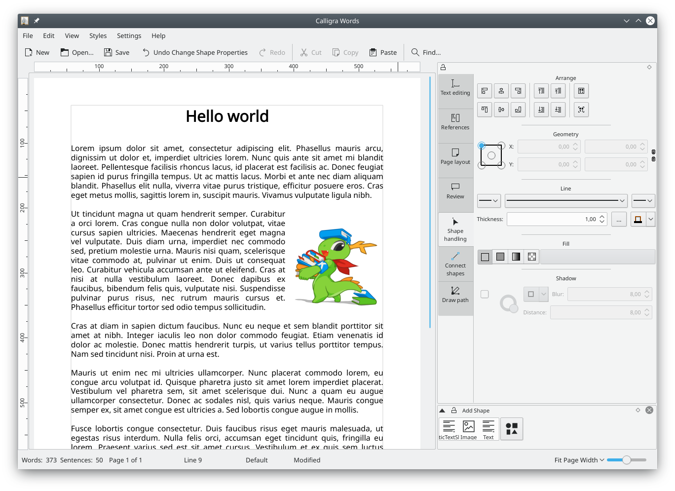 Un document de texte avec une interface utilisateur d'un bureau traditionnel (Mode « Création »)