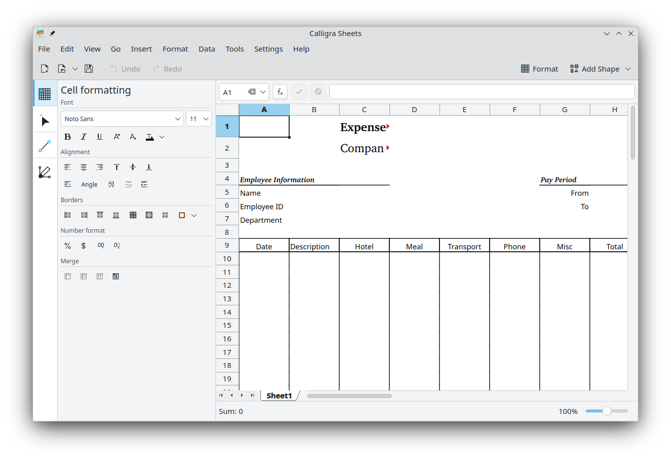 Screenshot of Calligra Sheets