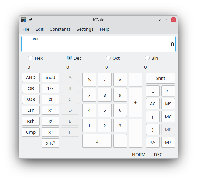 Xanela de KCalc en modo de sistema de numeración