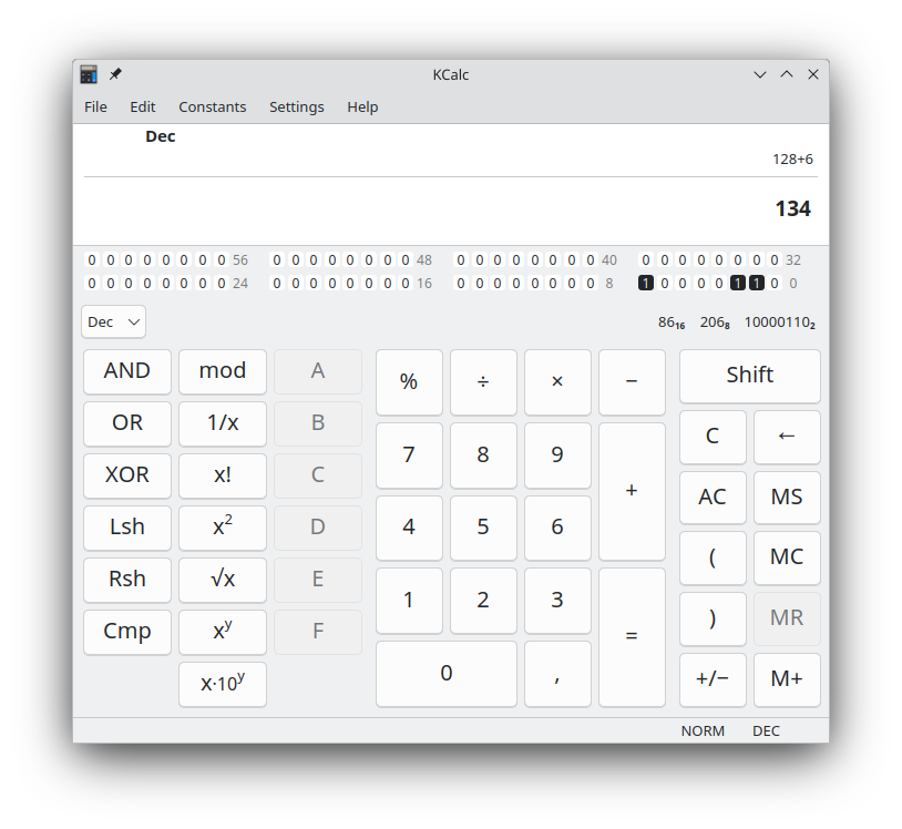 A janela do KCalc no modo do sistema numeral