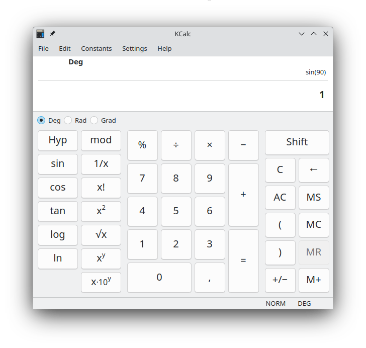 A janela do KCalc no modo científico