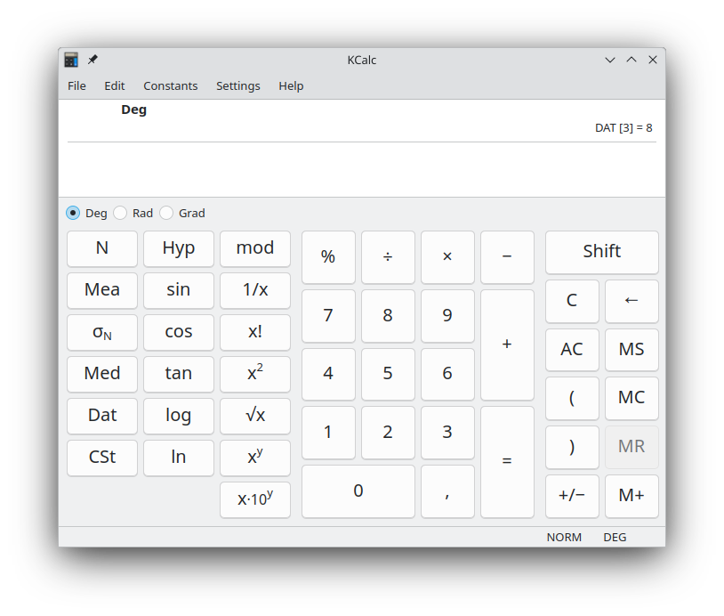 Kcalc window in statistics mode