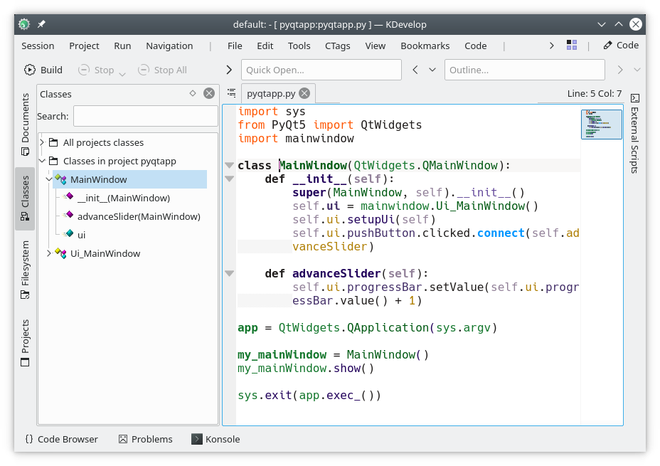 Bildschirmfoto von KDevelop – Python-Unterstützung