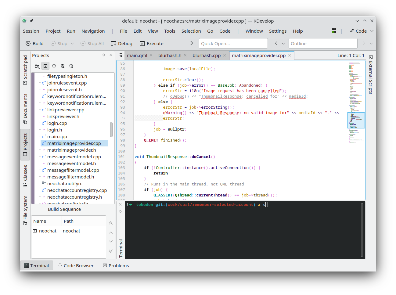 Main window with code editor, terminal integration and project files