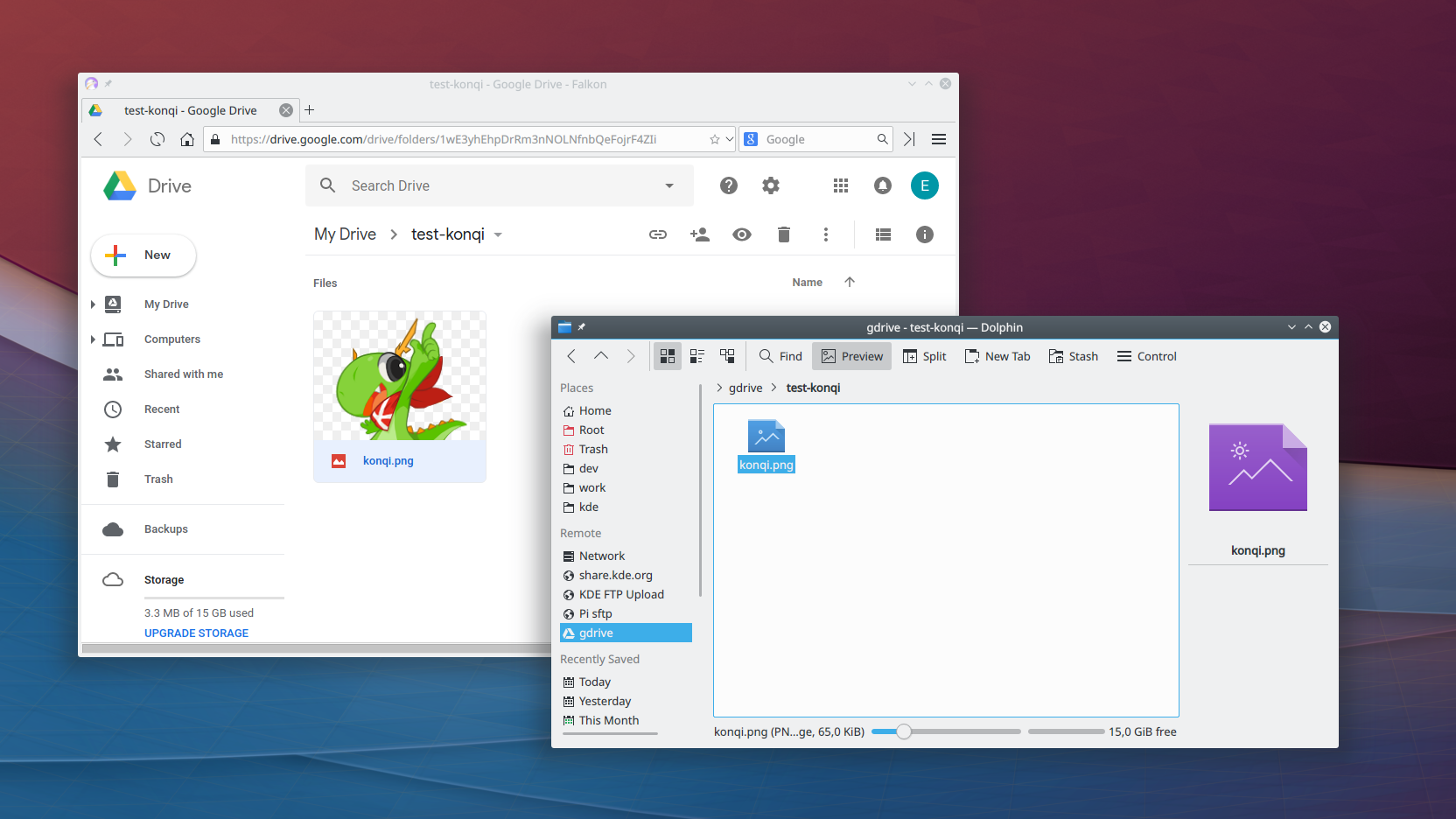 Dolphin із відкритим KIO GDrive внизу праворуч і Falkon з відкритою сторінкою Google Диск вгорі ліворуч.