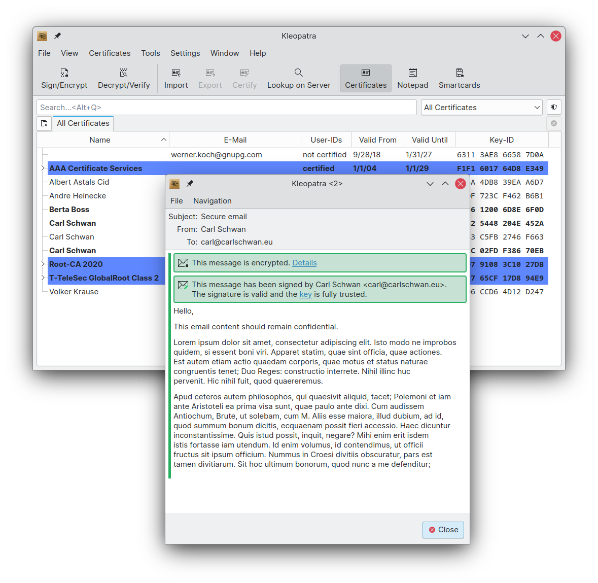 Encrypted email viewer in Kleopatra