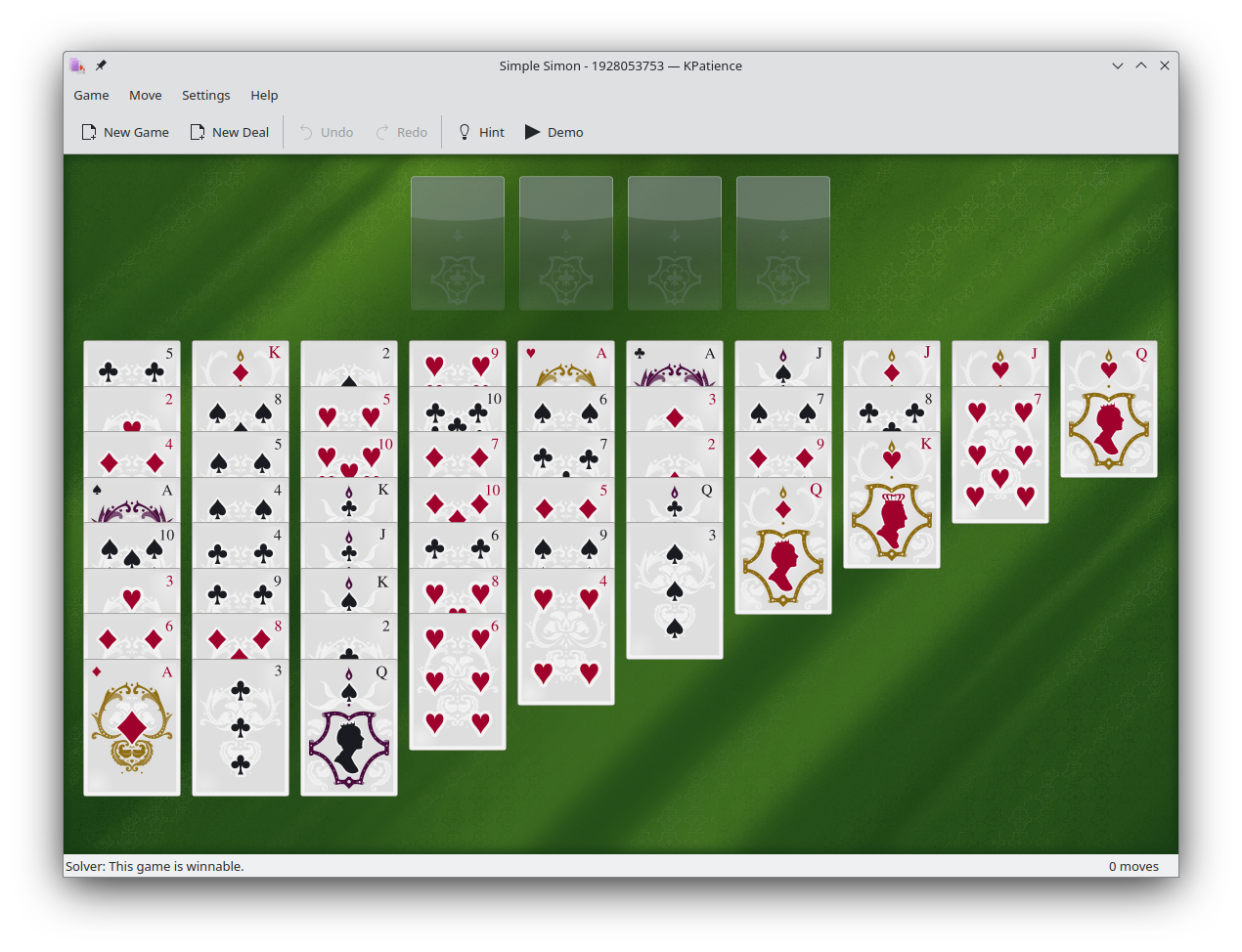 Captura de pantalla de KPatience que muestra las cartas sobre la mesa