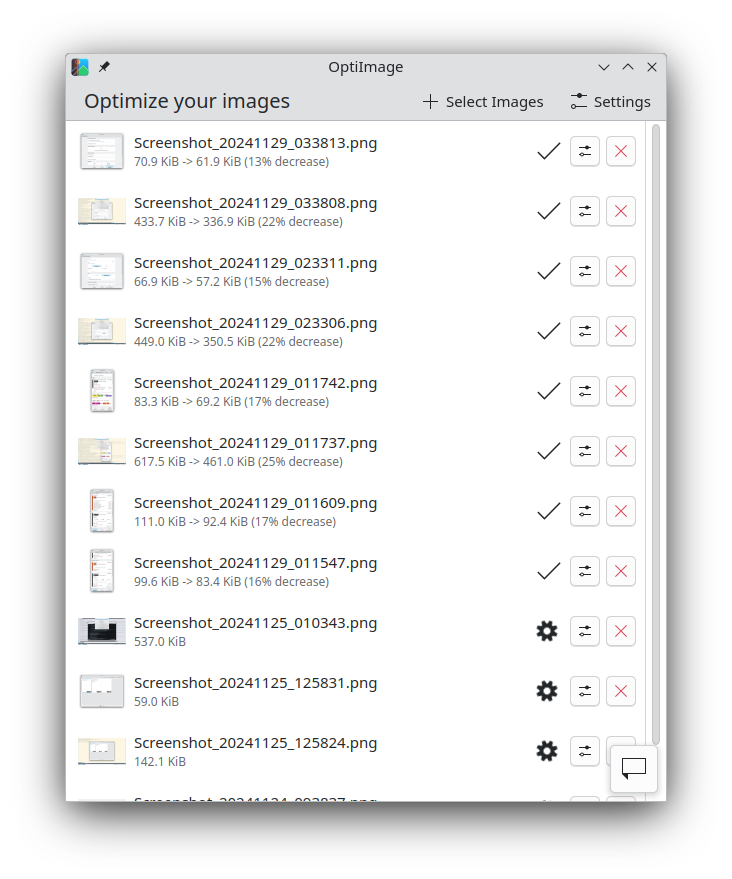 OptiImage main view showing a list of images getting processed