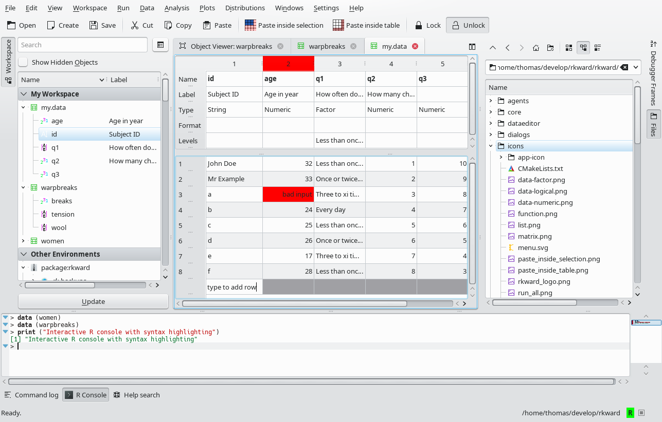 Finestra principal, amb un editor de dades, un navegador d'objectes, una consola interactiva de l'R i altres finestres d'eines.